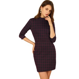 Allegra K Women's Mock Neck 3/4 Sleeve Slim Office Work Checked Plaid Dress - 1 of 4