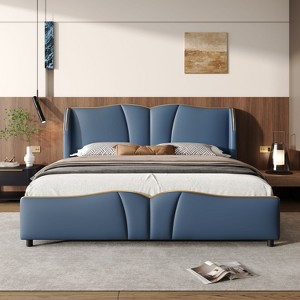 Sapphtopaz Leather Upholstered Platform Bed Frame with Wingback Headboard & Wavy Footboard, No Box Spring Needed for Luxury Master Bedrooms, Adults - 1 of 4