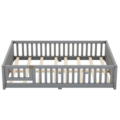 Bellemave Full Size Floor Bed with Door & Fence, Montessori Solid Wood Bed Frame with Slats & Safety Guardrails for Kids, Gray