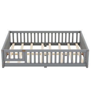 Bellemave Full Size Floor Bed with Door & Fence, Montessori Solid Wood Bed Frame with Slats & Safety Guardrails for Kids, Gray - 1 of 4