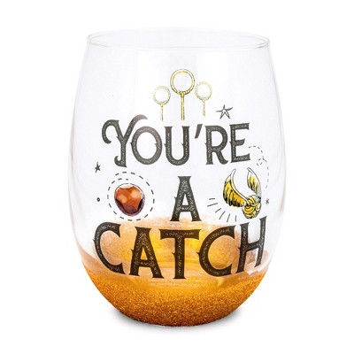 Silver Buffalo Harry Potter Quidditch "You're A Catch" Teardrop Stemless Wine Glass | 20 Ounces