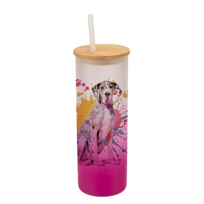 100 North 25 Ounce Frosted Glass Gradient Travel Tumbler With Straw & Wooden Lid, Great Dane Dog Paint Splatter Pink