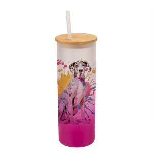 100 North 25 Ounce Frosted Glass Gradient Travel Tumbler With Straw & Wooden Lid, Great Dane Dog Paint Splatter Pink - 1 of 4