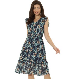 Allegra K Women's Floral Flutter Sleeves V Neck Smocked Ruffle Sundresses - 1 of 4
