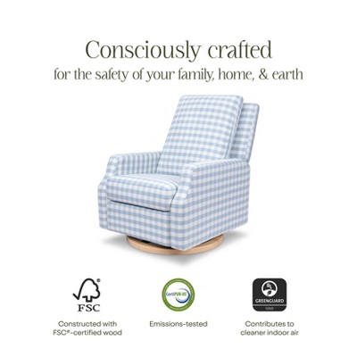 Blue Gingham Velvet Swivel Recliner with Light Wood Base
