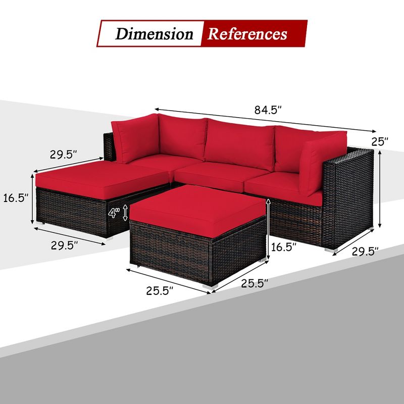 Costway 5PCS Patio Rattan Furniture Set Sectional Conversation Set Ottoman Table Red, 4 of 11