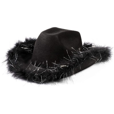 Juvolicious Black Felt Cowboy Hat with Feathers and Chin Cord, Halloween Party Hat, 15.5 x 11.5 x 6 in