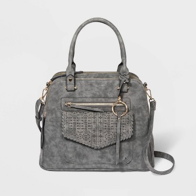 VR NYC Zip Closure Mosaic Design Laser Cut Satchel Handbag - Gray