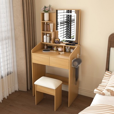 Bedroom Vanity Desk with Mirror, Vanity with Drawers, Fence Design Prevent Objects from Falling Down
