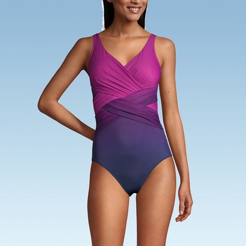 Lands End Women s Petite Slender Suit Wrap One Piece Swimsuit 16 Violet Rose Navy Ombre