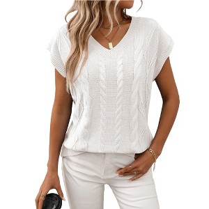 Women's Vest Cable Knit V-Neck Sweater Vest Short Sleeve Top - 1 of 4