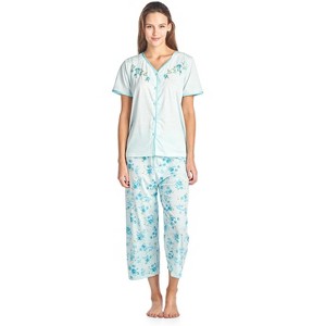Casual Nights Women's Pointelle Short Sleeve Floral Capri Pajama Set - 1 of 4