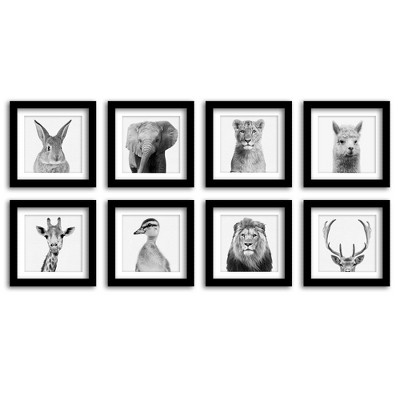 Set of 8- 11x11 Gallery Square Framed Prints w/ Mats Decorative Wall Art Set - Black and White Jungle Nursery - Americanflat