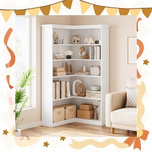 Garvee Farmhouse Corner Bookshelf – 72.8” Tall L-Shaped Bookcase with 5 Tiers, Wood Display Rack for Office and Bedroom, Half Panel Design - 1 of 4