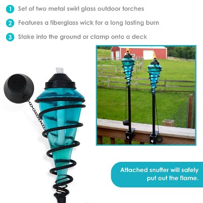 Blue Glass and Metal Swirl Adjustable Height Outdoor Torch Set