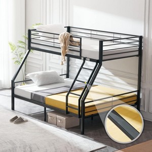 VINGLI Twin Over Full Bunk Bed for Kids/Adults with Stairs Flat Rungs, Heavy Duty Metal Slats, No Box Spring Needed, Black - 1 of 4