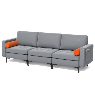 Costway Modern Modular 3-Seat Sofa Couch w/ Side Storage Pocket & Metal Leg  Ash Grey