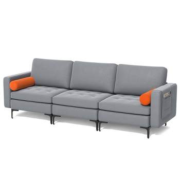 Costway Modern Modular 3-Seat Sofa Couch w/ Side Storage Pocket & Metal Leg Ash Grey