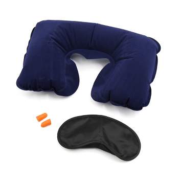 Unique Bargains 3 in 1 Neck Inflatable Pillow Shade Eye Mask Earplugs Travel Sleep Set Dark Blue