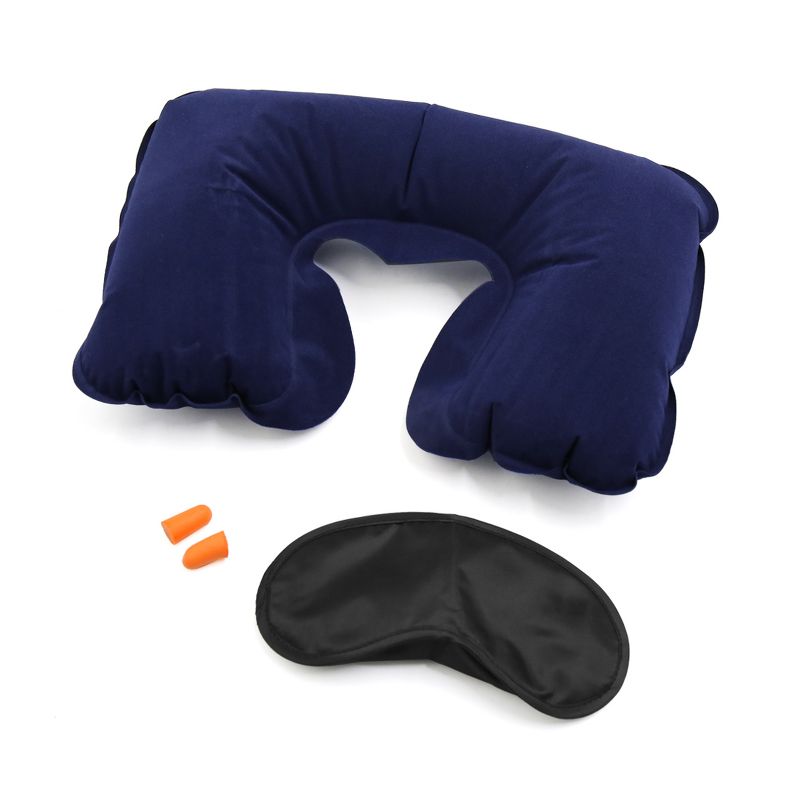 Unique Bargains 3 in 1 Neck Inflatable Pillow Shade Eye Mask Earplugs Travel Sleep Set Dark Blue, 1 of 7