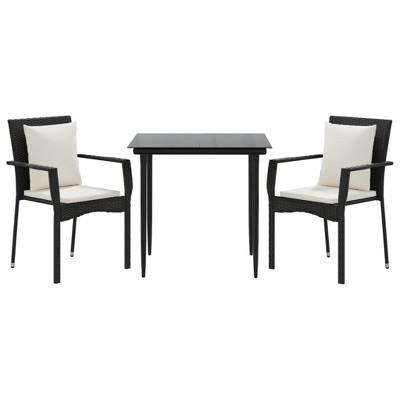 vidaXL 3 Piece Patio Dining Set - Weather-Resistant Black Poly Rattan, Sturdy Powder-Coated Steel Frame, Comfortable Cushions with Cream White Covers