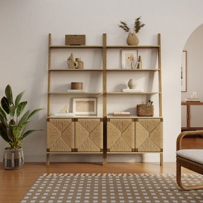 Brown Pine Wood Ladder Bookcase with Woven Rope Doors