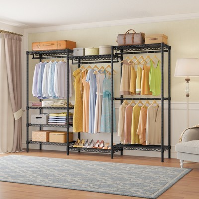 Black Heavy Duty Freestanding Metal Closet Rack with Shelves and Hanging Rods