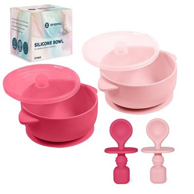 Image of Sperric Silicone Suction Baby Bowl with Lid - BPA Free - 100% Food Grade Silicone - Infant Babies and Toddler Self Feeding (light/Dark Pink)
