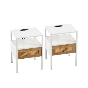 Gulches Set of 2, 15.75" Rattan End table , Modern nightstand with drawer and metal legs, side table for living room, bedroom-white - 1 of 4