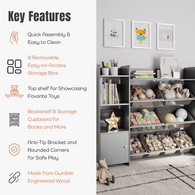 Gray Kids Toy Storage Organizer with Bookshelf and Bins