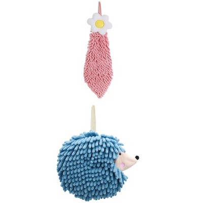 REGALWOVEN 2 Packs Chenille Hand Towel Flower and Cute Cartoon Hanging Hand Towel for Bathroom 6" x 15"/7" x 7"