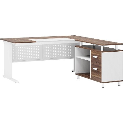 QLLY L-Shaped Office Desk With Shelves - 100x118cm Computer Desk, 4 Open Shelves & 2 Closets, White, For Home Office