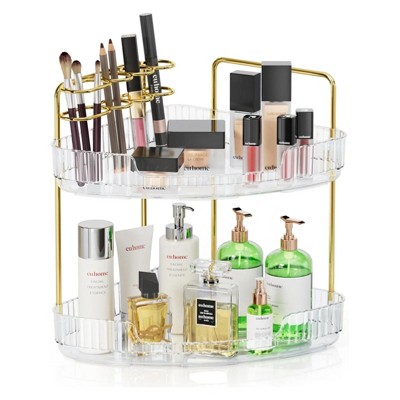 ATTOP 2-Tier Corner Bathroom Organizer Counter - Organizer Storage Countertop with Brush Holder, Perfume Sink Vanity Tray, Cosmetic Shelf in Bedroom