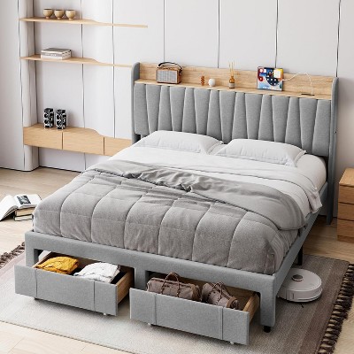 King Size Bed Frame with Storage Headboard, Charging Station, Upholstered Platform with Drawers, Sturdy Wooden Slats, No Box Spring, Light Grey