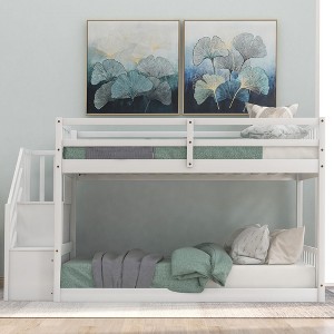Okak Twin over Twin Solid Wood Floor Bunk Bed Low Loft Bunk Bed with Storage Ladder & Safety Guardrail for Kids Teens, Easy Assemble, White - 1 of 4