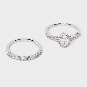 Silver Plated Halo Oval Cubic Zirconia and Pave Wedding Ring Set 2pc - A New Day™ Silver - 1 of 3