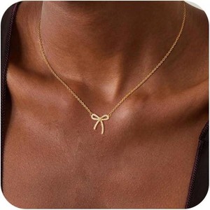 14K Gold Plated Necklace for Women Necklace Cute Small Tiny Bow Pendant Choker Chain Necklace - 1 of 4