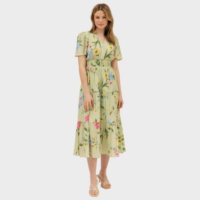 August Sky Women's Split Neck Smocked Tiered Floral Midi Dress