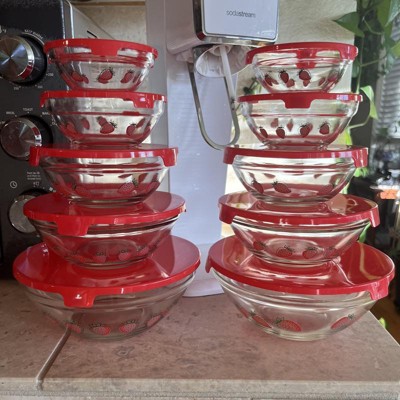 20-Piece Strawberry Design Glass Bowls with Lids Set- Mixing Bowls Set