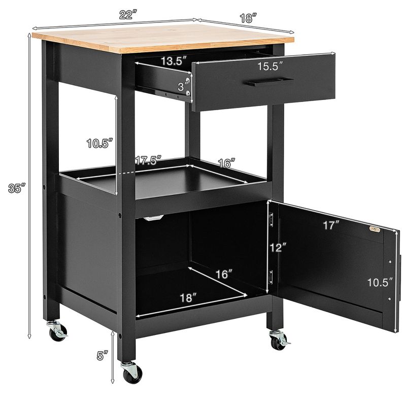 Costway Rolling Kitchen Island Cart on Wheels Bar Serving Trolley w/Drawer Cabinet Black\White, 4 of 11