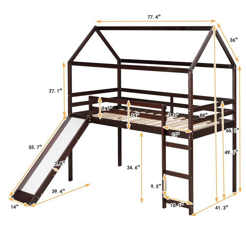 Twin Loft Bed, Twin Size Loft Bed With Slide, Solid Pine Legs And Frame, Safety Guardrail, Ladder, No Box Spring Required, 3 of 8