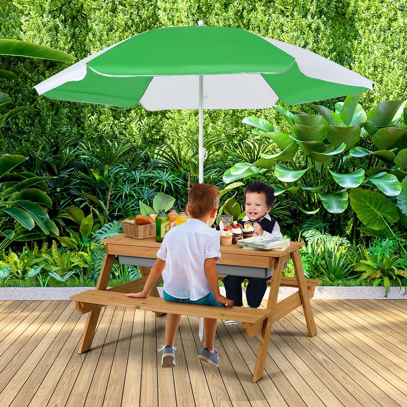 Costway 3-in-1 Kids Picnic Table Wooden Outdoor Sand & Water Table with Umbrella Play Boxes Natural/Blue/Green, 4 of 11