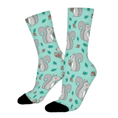 Forest Squirrels With Leaves Women Printed Crew Socks Funny Funky Socks Soft Polyester Novelty Gifts for Artists Men