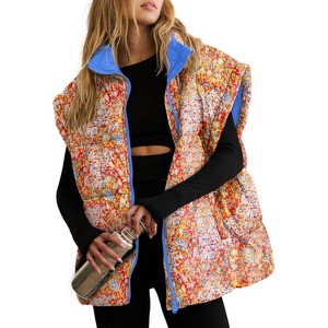 Imily Bela Womens Floral Quilted Puffer Coat Winter Warm Oversized Vest Cap Sleeve - 1 of 4