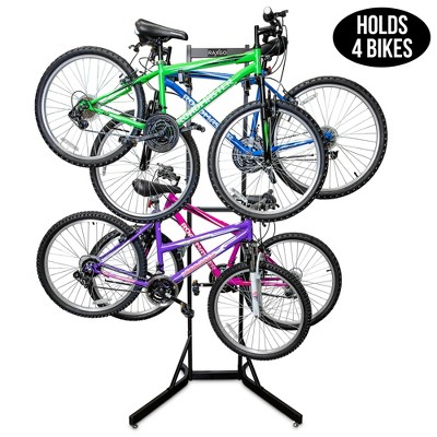 RaxGo Bike Storage Rack, 4 Bicycle Garage Floor Stand, Adjustable, Freestanding, Adjustable Hooks, For Mountain & Road bicycles, Universal For Indoor Use