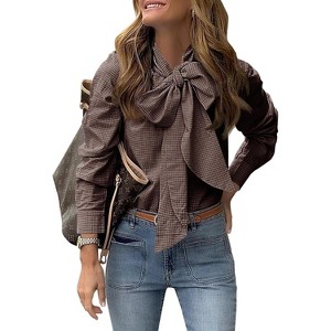 Imily Bela Elegant Plaid Blouse with Detachable Bow Tie Neck Long Sleeve Womens Casual Dressy Top - 1 of 4
