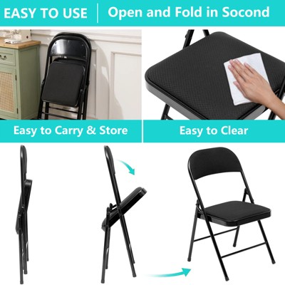 Black Metal Frame Fabric Padded Folding Dining Chairs, Set of 6