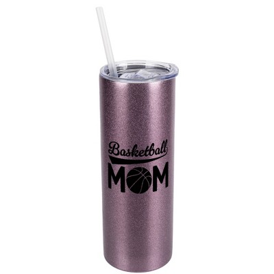 Elanze Designs Rose Gold 20 Ounce Double Wall Stainless Steel Glitter Travel Tumbler With Sliding Lid And Straw, Basketball Mom