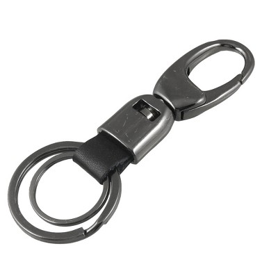 Unique Bargains Metal Faux Leather Double Split Ring Key Holder Key Chain Black