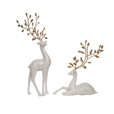 Transpac Resin White Flocked Reindeer Figurines w/Gold An Home Decorations Christmas